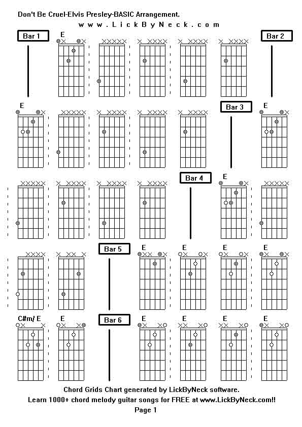 Chord Grids Chart of chord melody fingerstyle guitar song-Don't Be Cruel-Elvis Presley-BASIC Arrangement,generated by LickByNeck software.